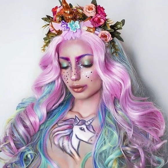 22” RAINBOW COLORFUL BODY WAVY LACE FRONT WIG NEW